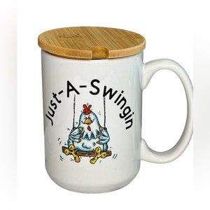 Chicken Just-A-Swingin White Ceramic Coffee Mug With Lid New
